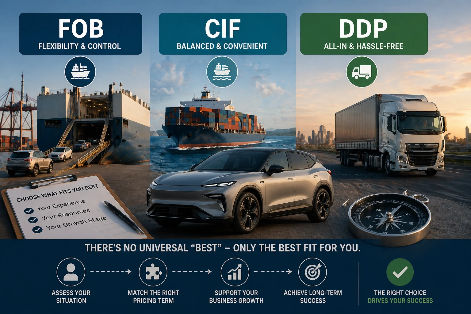 FOB vs CIF vs DDP na exportação de automóveis: qual termo de preço é melhor para você